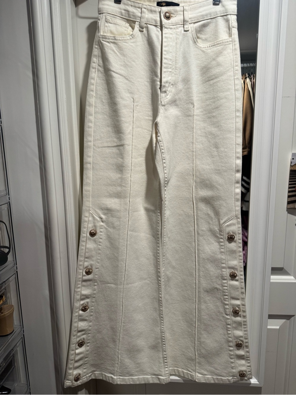 Maje Cream Boot-Cut Jeans with Side Button Trim